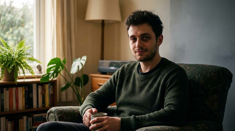 A young man sits on a sofa in a softly lit living room, his calm expression contrasted by warm lamplight on one side and cooler shadow on the other.