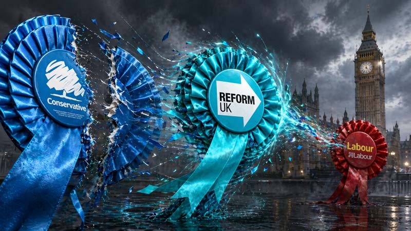 A stormy Westminster scene shows a blue Conservative rosette being torn apart, with its fragments forming a bright turquoise Reform UK rosette and carrying across towards a smaller red Labour rosette.