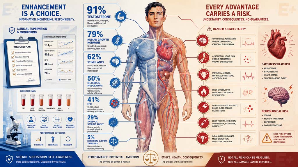 Infographic style illustration showing a human anatomical figure surrounded by drug use percentages, clinical monitoring panels, and health risk warnings linked to the heart, brain and other body systems.