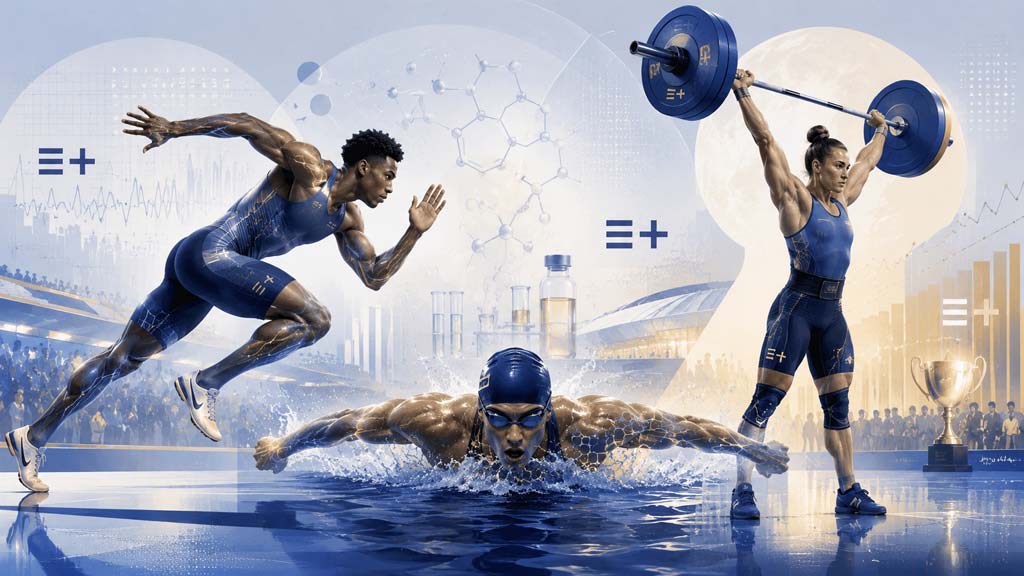 Editorial illustration for Enhanced Games showing a sprinter, swimmer and weightlifter alongside laboratory vials, data graphics and a trophy.