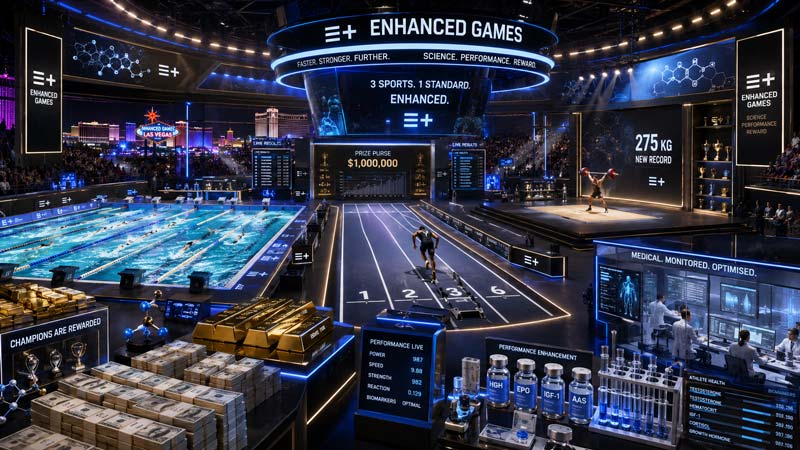 Futuristic arena scene showing a swimming pool, sprint track and weightlifting stage with prize money, gold bars, laboratory vials, medical monitoring screens and a packed audience.