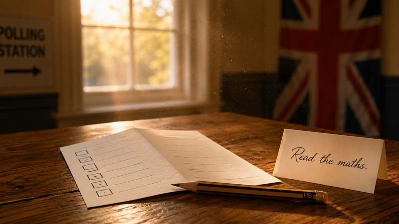A folded ballot paper and an HB pencil rest on a wooden table beside a note reading “Read the maths.”, with warm sunlight, a blurred Union Jack and a polling station sign in the background.