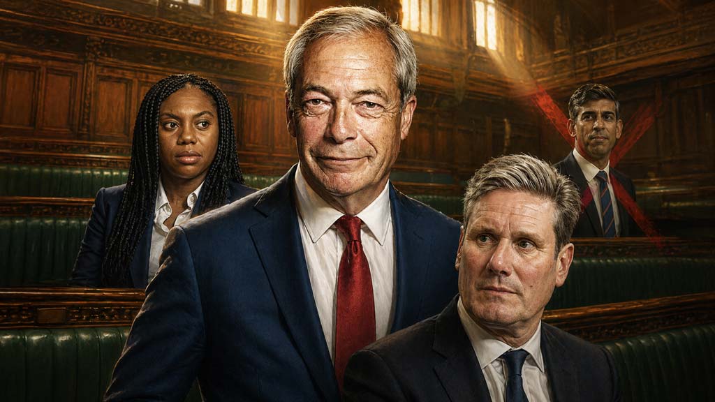 A dramatic political illustration inside the House of Commons shows Nigel Farage standing at the centre in a dominant pose, with Keir Starmer seated in the foreground looking uneasy, Kemi Badenoch watching from the left, and Rishi Sunak in the background marked with a red cross, reinforcing the idea that Reform UK won the 2024 election for Labour.