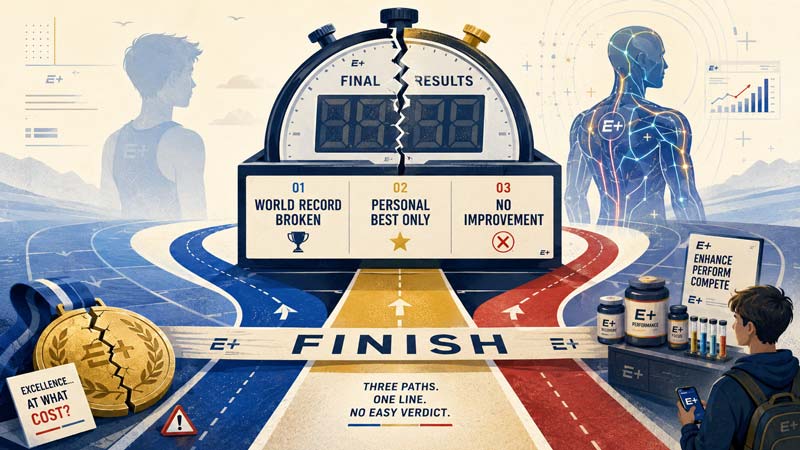 Enhanced Games closing illustration showing a cracked stopwatch above three outcome paths, a broken medal, two contrasting human figures, and a teenager looking at performance products on a phone.