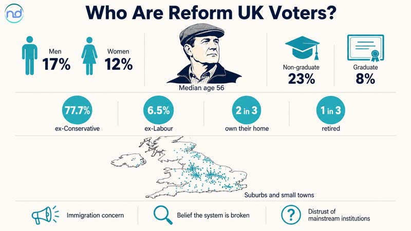 An infographic titled Who Are Reform UK Voters shows demographic, political history and attitude statistics, including median age 56, male and female support rates, education differences, ex Conservative and ex Labour voter shares, home ownership, retirement, a UK dot map, immigration concern, distrust of mainstream institutions and belief the system is broken, helping explain why Reform UK won the 2024 election for Labour.