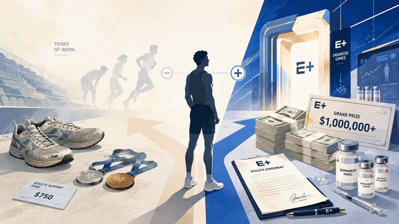 Enhanced Games editorial illustration showing an athlete standing at a crossroads between modest sporting rewards and a high money offer marked by cash, contracts and medical vials.